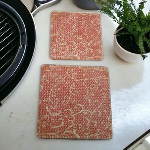 Temptations Glass Tile Footed Trivets Hot Plates Red & White Beaded Set of 2